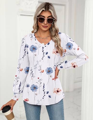 Women's Puff Long Sleeve Shirts Pleated V Neck Fall Tunic Tops Blouse Dressy Casual Loose Summer T-Shirts