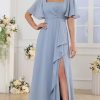 Square Neck Flutter Sleeve Bridesmaid Dresses for Women Long Slit A Line Chiffon Formal Evening Gown
