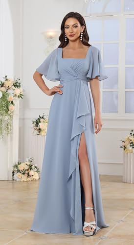 Square Neck Flutter Sleeve Bridesmaid Dresses for Women Long Slit A Line Chiffon Formal Evening Gown