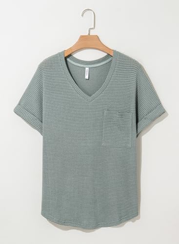 Womens Waffle Knit Tops 2025 Fall Summer V Neck Shirts Casual Trendy Women's Blouses Basic Tee