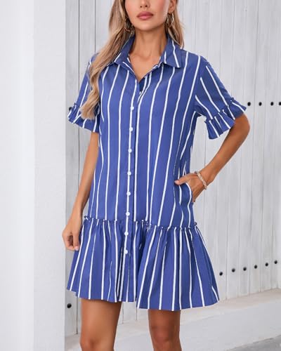 41ZDGVc1ChL.jpg Women's Cotton Linen Ruffle Mini Dress Short Sleeve Button Down Drop Waist Tunic Shirt Dress