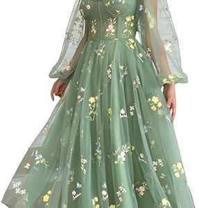 Women's Puffy Sleeve Prom Dresses Fair Flower Embroidery Tulle Green Formal Evening Party Gowns