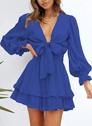Womens Dresses Spring Summer Knot Front V Neck Ruffles Long Sleeve Floral Print Swing Mini Dress