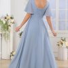 Square Neck Flutter Sleeve Bridesmaid Dresses for Women Long Slit A Line Chiffon Formal Evening Gown