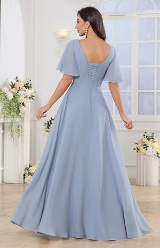 Square Neck Flutter Sleeve Bridesmaid Dresses for Women Long Slit A Line Chiffon Formal Evening Gown