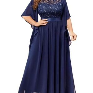 Women's Plus Size Sequin Lace with Ruffle Cape Cloak Sleeves Elegant Evening Wedding Party Maxi Dress