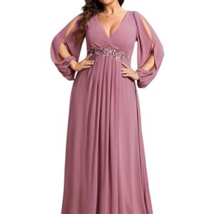 Women's Floor Length V Neck Lantern Sleeves Applique Mother of The Bride Dress Plus Size Formal Dresses