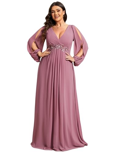 Women's Floor Length V Neck Lantern Sleeves Applique Mother of The Bride Dress Plus Size Formal Dresses