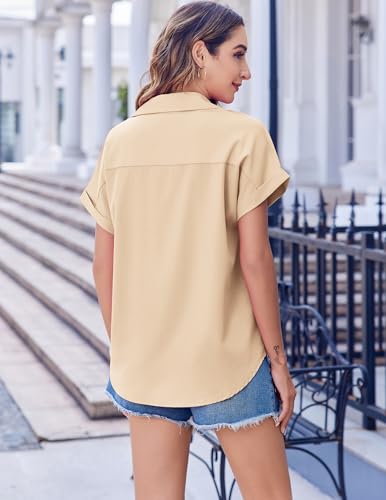41easxSC6fL.jpg Short Sleeve Summer Tops for Women Casual Button Down Shirts Solid/Striped Business Work Blouses