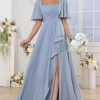 Square Neck Flutter Sleeve Bridesmaid Dresses for Women Long Slit A Line Chiffon Formal Evening Gown