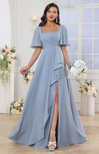 Square Neck Flutter Sleeve Bridesmaid Dresses for Women Long Slit A Line Chiffon Formal Evening Gown