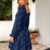 Women's Square Neck Fall Long Sleeve Mini Dress Smocked Swing Ruffle Wedding Guest Dress