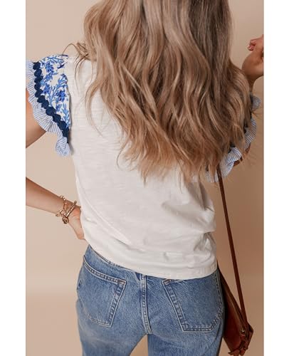 Womens Summer Ruffle Short Sleeve Top Crewneck T Shirts Floral Trim Casual Blouses