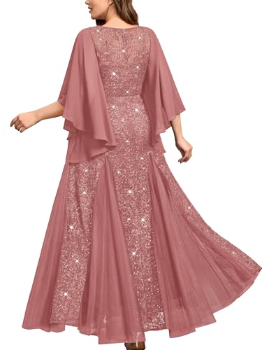 Women's Plus Size Sequins Lace with Ruffle Cape Cloak Sleeves Tulle Mermaid Hemline Evening Prom Long Dress