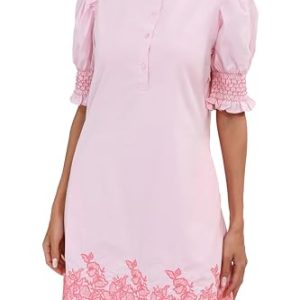 Women's Summer Embroidered Mini Dress Short Puff Sleeve Ruffle Collar Button Front Shift Dress