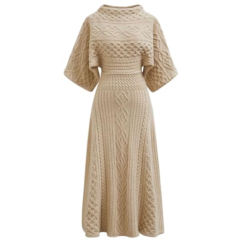 Women Cable Knit Sweater Dress Boat Neck High Waisted Knit Dresses Elbow Sleeves Solid Fall Trendy Casual Long Dress