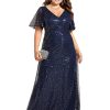 Women's V Neck Sequin Plus Size Ruffle Sleeves Long Formal Dresses 02120-DAPH