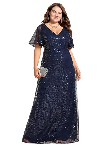 Women's V Neck Sequin Plus Size Ruffle Sleeves Long Formal Dresses 02120-DAPH