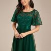 Women's Formal Dresses Crew Neck Sequin Ruffle Sleeve Empire Waist Beaded Long Evening Dresses 00904