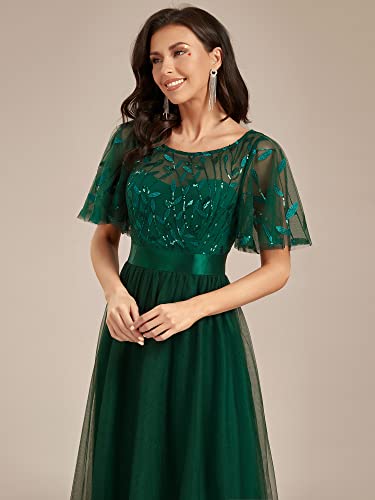 Women's Formal Dresses Crew Neck Sequin Ruffle Sleeve Empire Waist Beaded Long Evening Dresses 00904