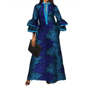 Womens Double Layered Bell Sleeve African Maxi Dress Ankara Wedding Party Dress
