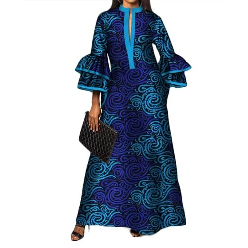 Womens Double Layered Bell Sleeve African Maxi Dress Ankara Wedding Party Dress