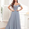Women's Off The Shoulder Bridesmaid Dresses with Pockets Long Chiffon Wedding Guest Dress with Slit