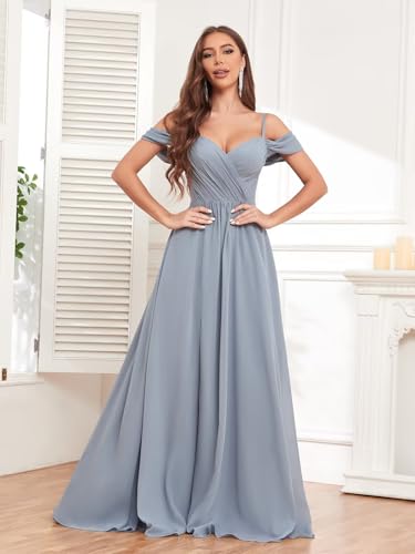 Women's Off The Shoulder Bridesmaid Dresses with Pockets Long Chiffon Wedding Guest Dress with Slit