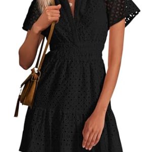 2025 Women Summer Short Dress V Neck Short Sleeve A Line Hollow Out Lace Ruffle Cute Casual Beach Party Dresses