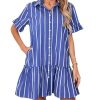 41mek0lYcEL.jpg Women's Cotton Linen Ruffle Mini Dress Short Sleeve Button Down Drop Waist Tunic Shirt Dress