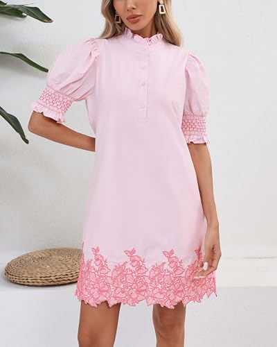 Women's Summer Embroidered Mini Dress Short Puff Sleeve Ruffle Collar Button Front Shift Dress