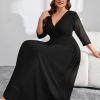 Plus Size Maxi Formal Dress Lace Chiffon Floral V-Neck Wrap Wedding Guest Evening Gown Cocktail Prom 3/4 Sleeves