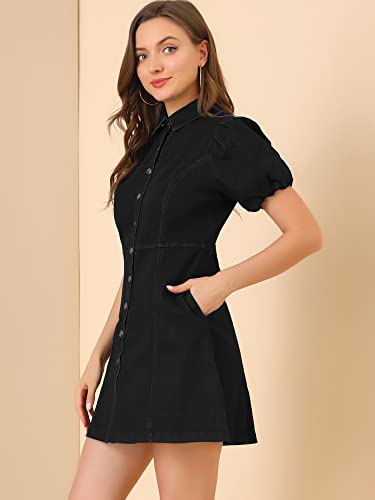 41nXneg7cDL.jpg Women's Denim Dress Button Down Pockets Puff Sleeve Collared Jean Dresses
