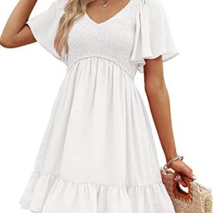 Women's Flowy Casual Mini Dresses 2025 Summer Graduation Smocked V Neck Vacation Dress Dress with Pockets