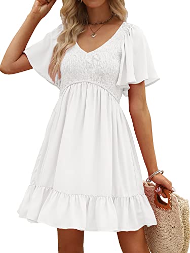 Women's Flowy Casual Mini Dresses 2025 Summer Graduation Smocked V Neck Vacation Dress Dress with Pockets