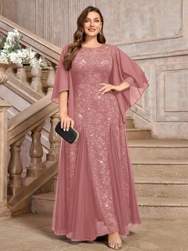 Women's Plus Size Sequins Lace with Ruffle Cape Cloak Sleeves Tulle Mermaid Hemline Evening Prom Long Dress