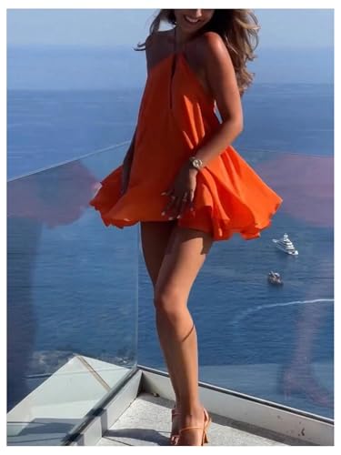 Women's Halter Dress Tie Open Back Twist Sleeveless Flowy A Line Mini Dresses