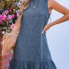 Womens Summer Dresses Sleeveless Tie Back High Crew Neck Ruffle Mini Short Dress