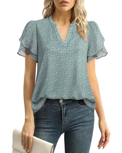 Womens Dressy Chiffon Blouses Summer Puff Petal Short Sleeve Shirts V Neck Casual Work Tops