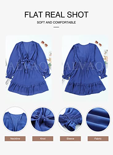 Womens Dresses Spring Summer Knot Front V Neck Ruffles Long Sleeve Floral Print Swing Mini Dress