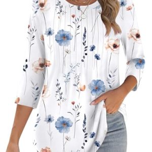 3/4 Length Sleeve Womens Tops Crew Neck Loose Fit Shirts Pleated Cute Clothes Dressy Casual 2025 Summer Tunics