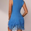 Women's Fringe Sleeveless Mini Dress Crew Neck Bodycon Knit Party Club Dresses