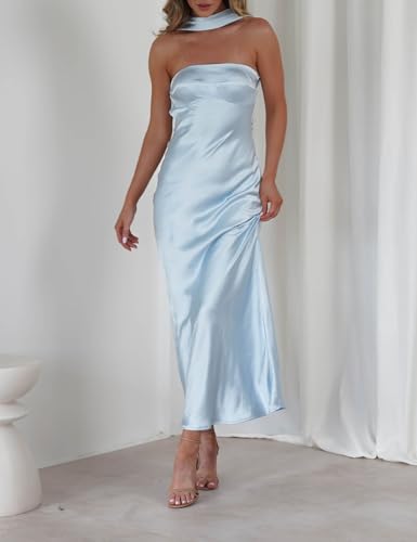 Women's Summer Satin Strapless Tube Top Maxi Dress Elegant Silk Backless Halter Neck Formal Party Dresses Wedding Guest