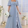 Square Neck Flutter Sleeve Bridesmaid Dresses for Women Long Slit A Line Chiffon Formal Evening Gown