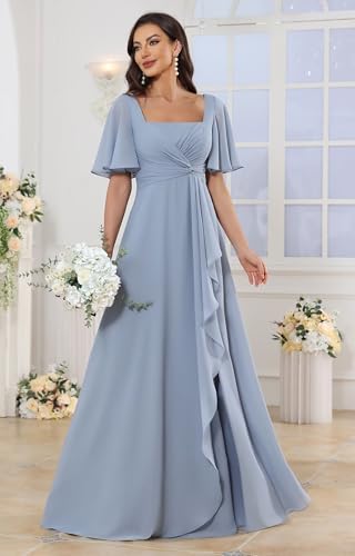 Square Neck Flutter Sleeve Bridesmaid Dresses for Women Long Slit A Line Chiffon Formal Evening Gown