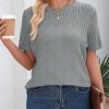 Womens Summer Tops Dressy Casual Crewneck Short Sleeve Shirts Solid Hollow Out Knit Loose Sweater Blouses