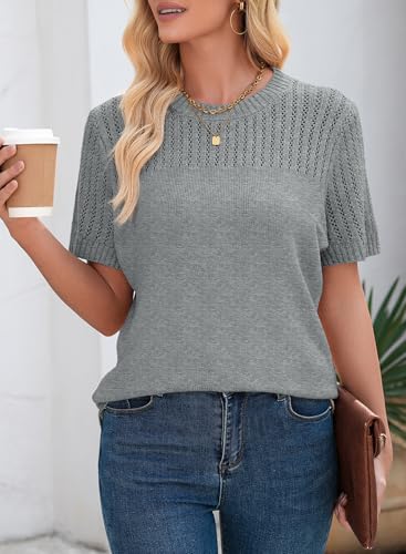 Womens Summer Tops Dressy Casual Crewneck Short Sleeve Shirts Solid Hollow Out Knit Loose Sweater Blouses