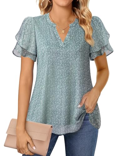 Womens Dressy Chiffon Blouses Summer Puff Petal Short Sleeve Shirts V Neck Casual Work Tops