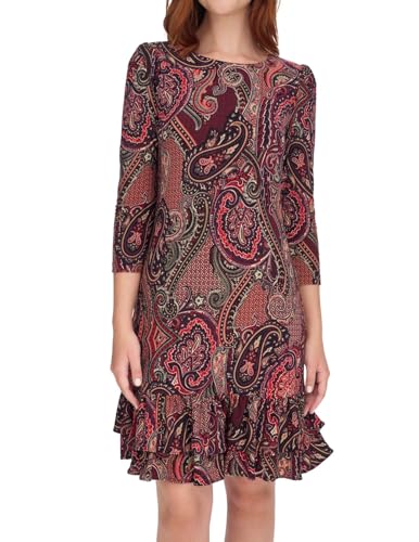 41rhyOAUAzL.jpg Women's 3/4 Sleeve High Neck Ruffle Trim Jersey Mini Dress