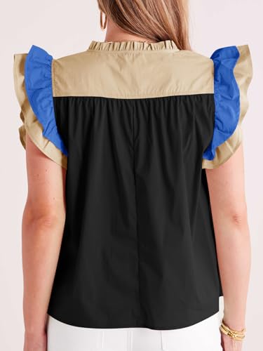 Womens Ruffle Color Block Tank Tops Summer Casual Dressy V Neck Pleated Blouse Loose Fit Sleeveless Shirts